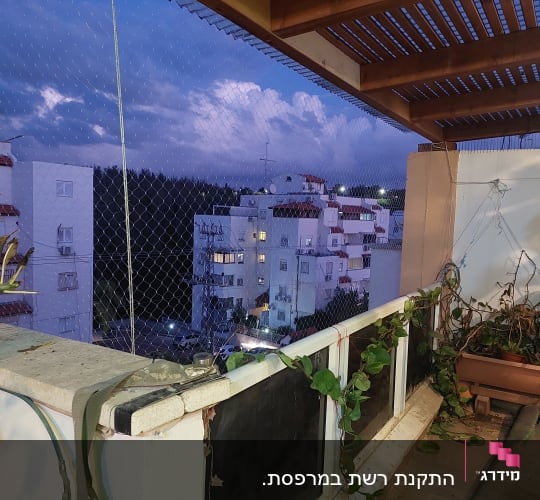 רשת נגד יונים מותקנת על מרפסת עם צמח מטפס
